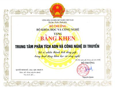 Bằng khen trung tâm phân tích ADN